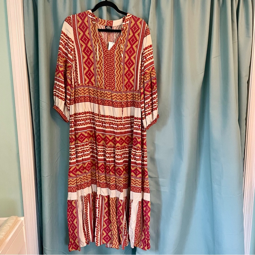 NWT boutique boho dress gold & burgundy midi length